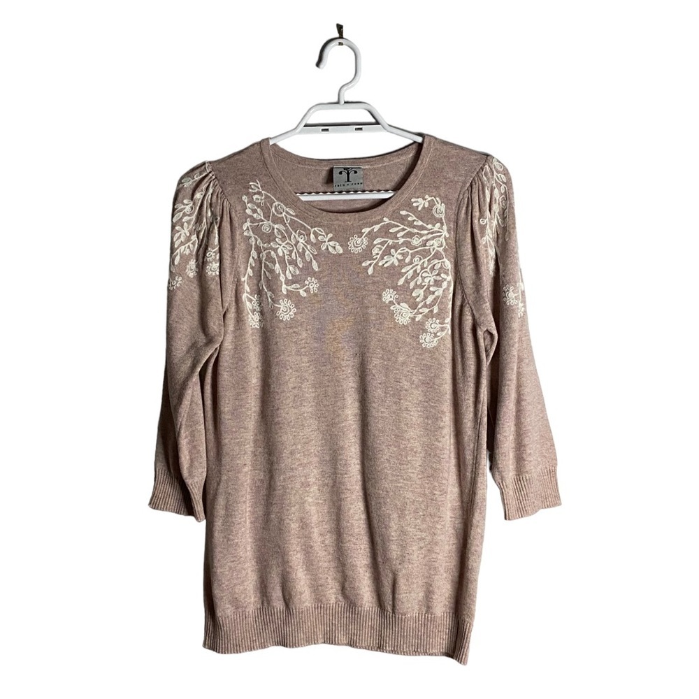 Rain + Rose Soft Pink Floral Embroidered Puff Sleeve Sweater